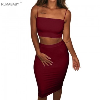 Two Piece Set Women Crop Top And Skirts Sleeveless Backless Spaghetti Strap 2 Piece Red White Black Yellow